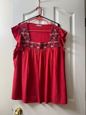 Red Embroidered Flutter Sleeve Women's Top